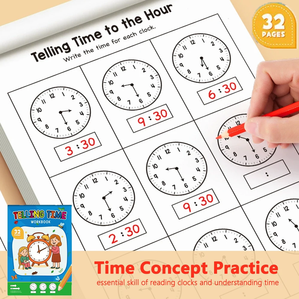 Kids Educational Workbooks - 32-stronicowy zeszyt do nauki odczytywania godzin